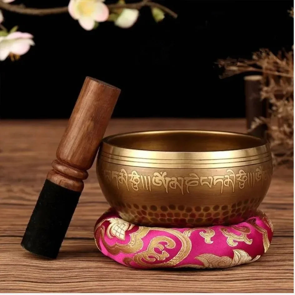 Handmade Tibetan Singing Bowls Set Nepal Buddha Mantra Engraved Meditation Bowl with Leather Stick for Yoga Chanting