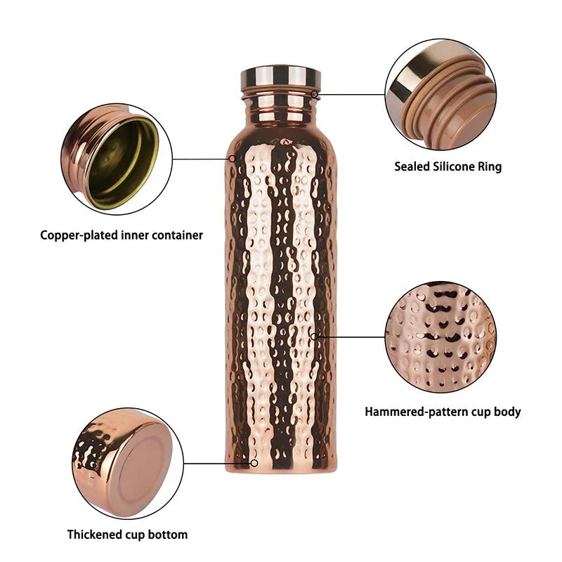 Copper Water Bottle One-Click Open Lid Stainless Steel Hammer Pattern Cup Sports Water Bottle JUSTINLAU 27oz Electroplated