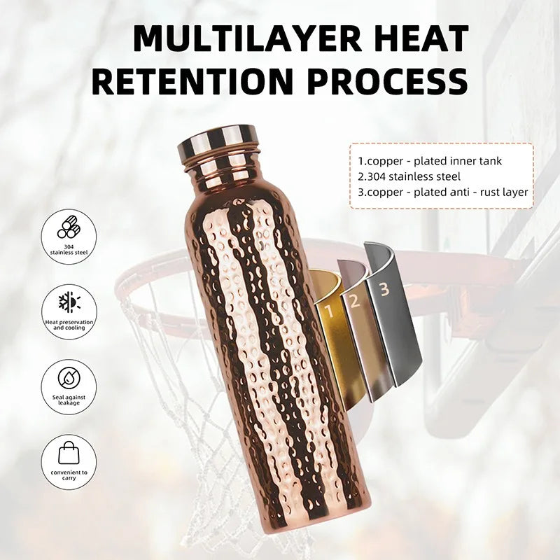 Copper Water Bottle One-Click Open Lid Stainless Steel Hammer Pattern Cup Sports Water Bottle JUSTINLAU 27oz Electroplated
