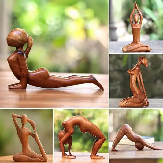 Handcrafted Yoga Pose Wooden Sculpture Set – Serene Suar Wood Figurines for Tranquil Home & Office Décor