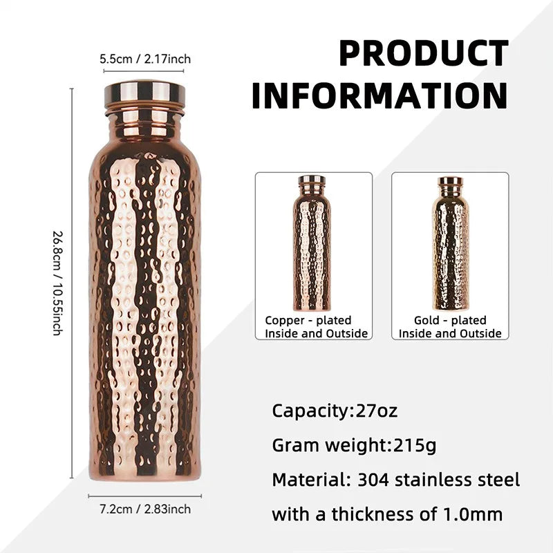 Copper Water Bottle One-Click Open Lid Stainless Steel Hammer Pattern Cup Sports Water Bottle JUSTINLAU 27oz Electroplated