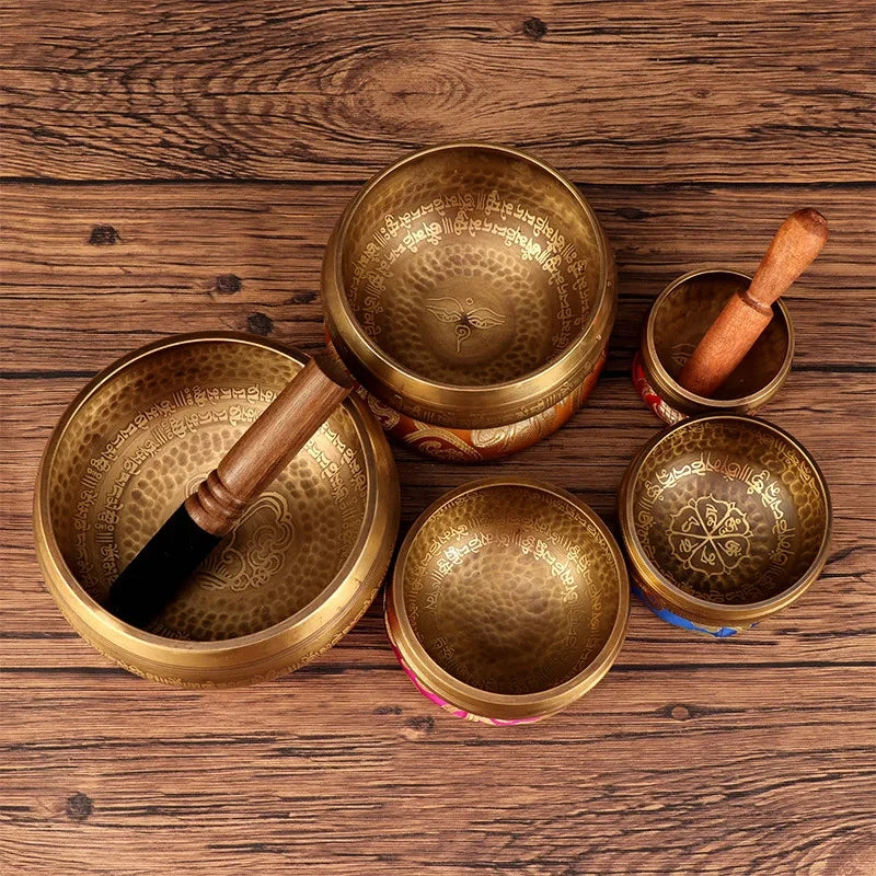 New Tibetan Nepal Handmade Singing Bowls set Buddha Mantra Design Tibetan Bowl with Leather stick for Yoga Chanting Meditation