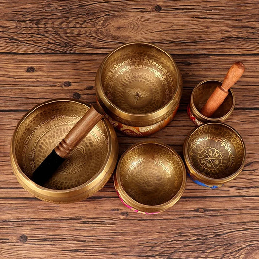 New Tibetan Nepal Handmade Singing Bowls set Buddha Mantra Design Tibetan Bowl with Leather stick for Yoga Chanting Meditation