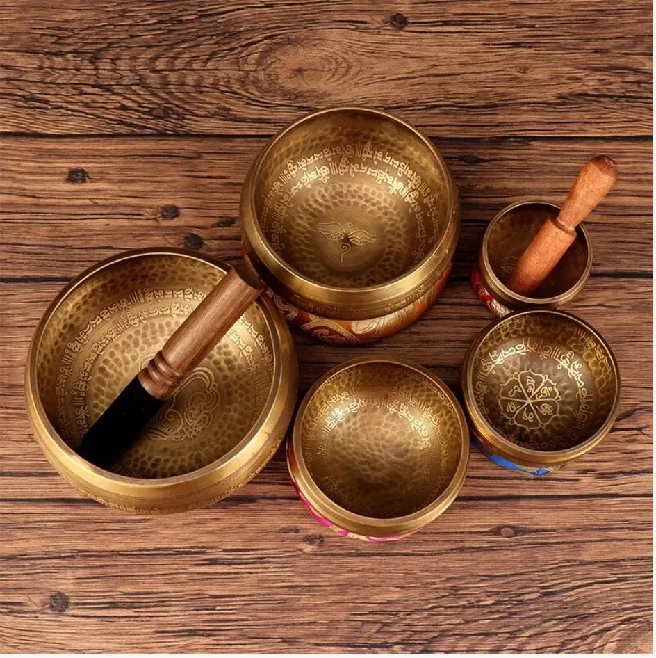 Handmade Tibetan Singing Bowls Set Nepal Buddha Mantra Engraved Meditation Bowl with Leather Stick for Yoga Chanting