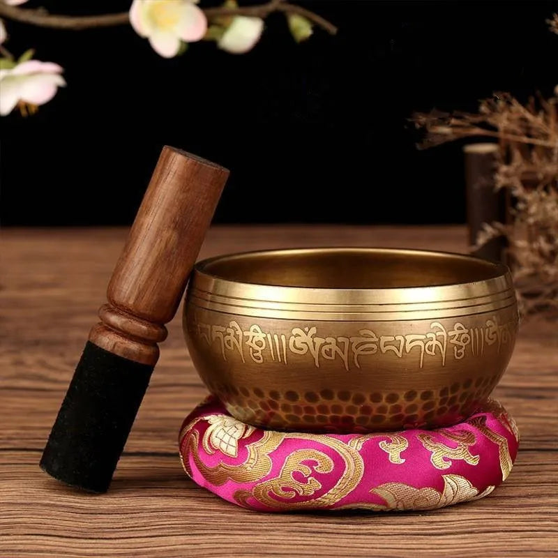 New Tibetan Nepal Handmade Singing Bowls set Buddha Mantra Design Tibetan Bowl with Leather stick for Yoga Chanting Meditation